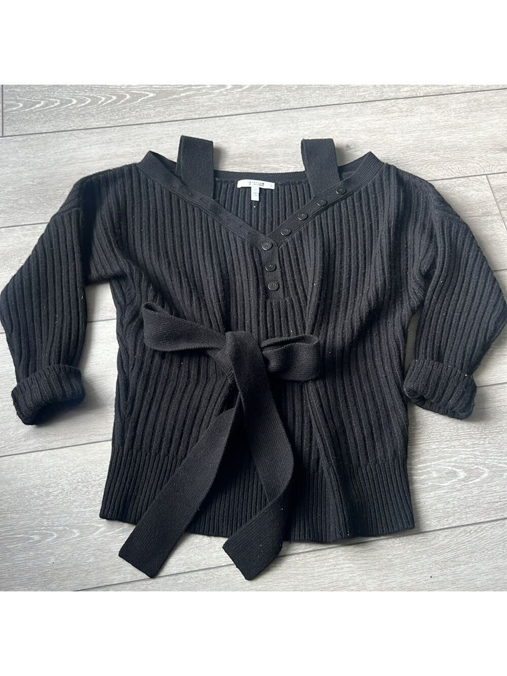 Derek Lam Crosby black ribbed cashmere wool blend belted buttoned sweater small